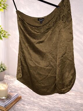 bebe Olive Satin Asymmetrical Blouse with Embroidered Accent